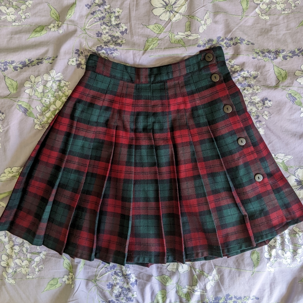 Vintage Y2k pleated plaid mini school skirt high waist green 2000s 90s red